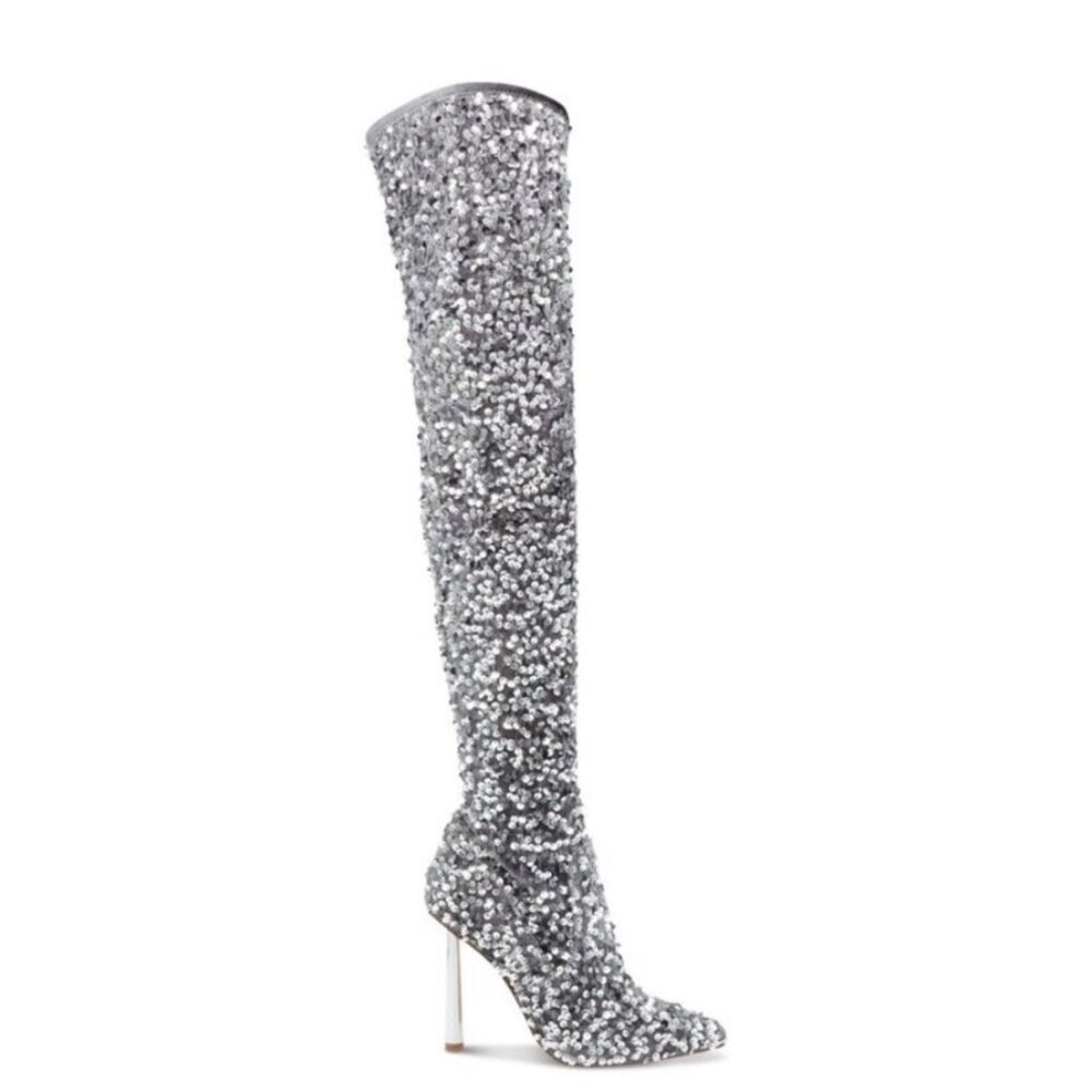Steve Madden Silver Sequin Over-The-Knee Pointed Toe Stiletto Heel Boots Size 7 - Picture 14 of 15